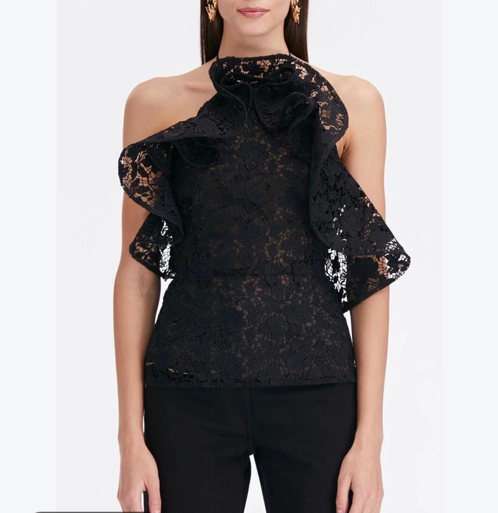 Oscar de la Renta Womens Halter Neck Ruffle Guipure Ruffle Blouse in Black 6